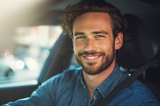 Fototapeta Happy man enjoying a drive in his car with seatbelt on while smiling and feeling safe