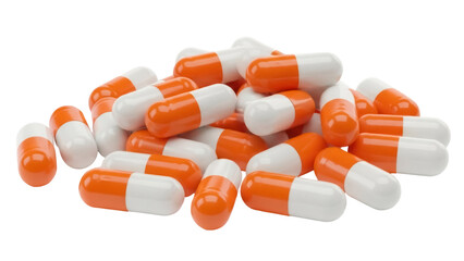 Pile of orange and white capsules isolated PNG, pharmaceutical medication for health and wellness on transparent background