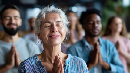 Diverse group meditating with closed eyes, people praying in unity, multicultural faith sharing, spirituality and inner peace, harmony concept gathering, with copy space