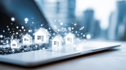 3D blue neon house icons hovering over a laptop. A digital real estate appraisal interface hovering over a glowing laptop against a bokeh background of buildings. Real estate buying concept.