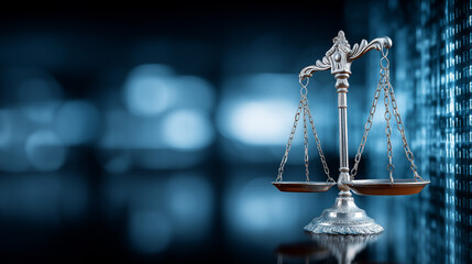 Scales of justice on a blue background with bokeh and space for text. A digital law concept demonstrating the duality of judicial authority, jurisprudence, and justice. Scales of Justice
