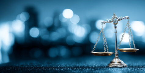 The silver scales of justice stand out against this background with bokeh, space for text, and the scales of Themis, a concept demonstrating the duality of judicial power, jurisprudence, and justice