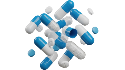 Blue and white capsules and pills isolated PNG, medicine and healthcare concept on transparent background, pharmaceutical products