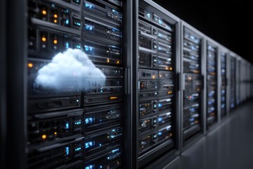 Closeup view of modern server technology highlighting cloud computing and data storage capabilities in a digital environment