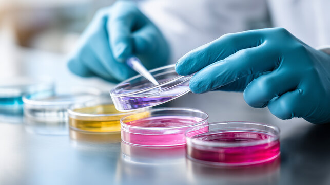 A scientist works with Petri dishes containing various bacteria, tissue samples, and blood. Conceptual study of pharmaceutical antibiotics and treatment of diseases using DNA-enhancing drugs. Close-up