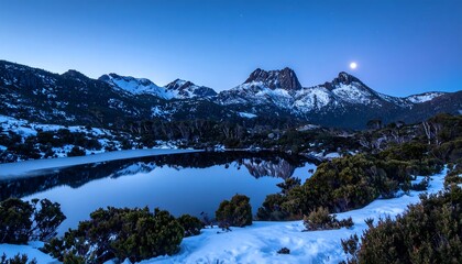 Snowy mountain lake at dawn