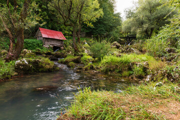 Landscape on edge of forest with old wooden water mill and fast flow creek among mossy stones and bridge in background, rural calm scene