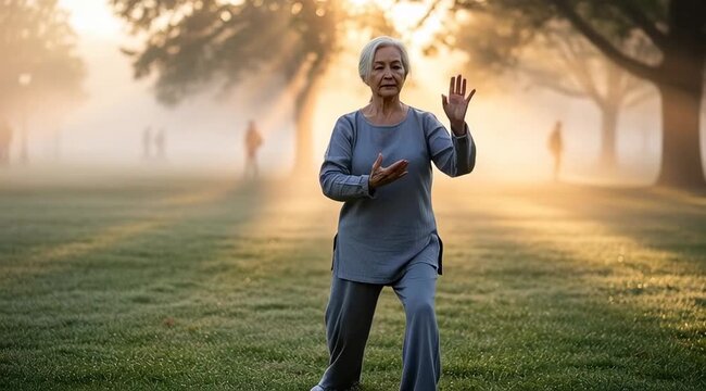 Senior woman practices tai chi in a misty park bathed in golden sunrise light. Health and wellness