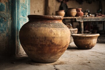 Traditional clay pot highlights artisan craftsmanship in a rustic workshop setting with rich cultural heritage