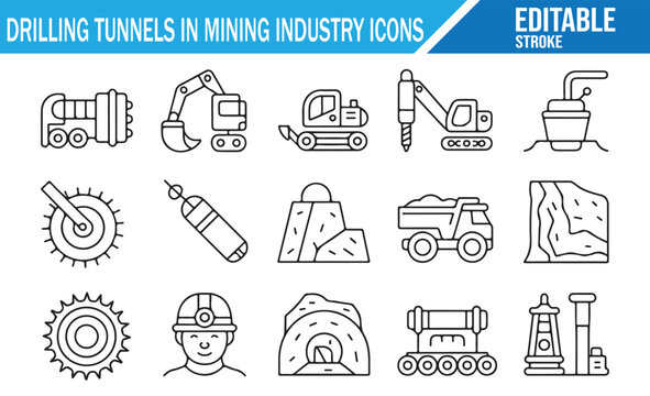 Heavy Machinery for Mining and Tunnel Construction Outline Icons