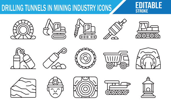 Tunnel Boring and Mining Operations Vector Icon Collection