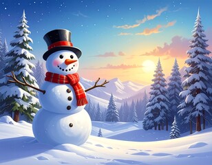 Obraz premium Snowman in snowy landscape at sunrise