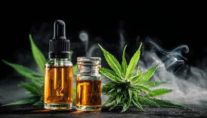 Fototapeta premium Cannabis oil in glass bottles with dropper and vape cartridge. Green hemp leaves with mist on black backdrop. CBD or THC liquid for vaping and smoking
