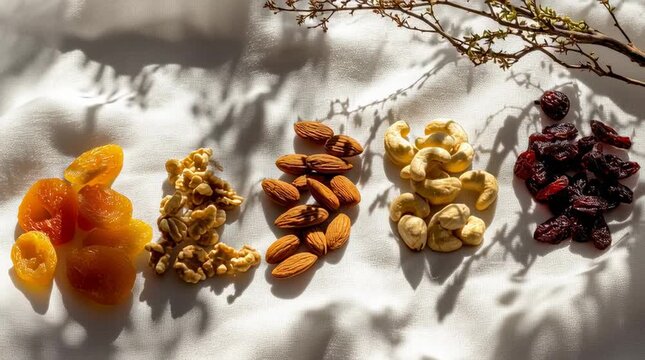 Overhead video of assorted dried fruits and nuts arranged naturally, symbolizing healthy eating, clean nutrition, and wellness lifestyle
