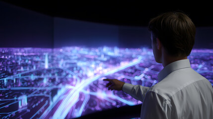 Urban Explorer: An individual analyses a complex digital projection of a city, engaging with intricate data visualizations, embodying the fusion of human insight and technological advancements.
