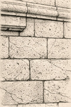 Detailed sketch of cracked limestone wall texture at Sacre Coeur.