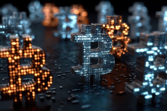 Crypto icons represented in a digital landscape with glowing binary code bits, showcasing a futuristic view of cryptocurrency technology development - Powered by Adobe