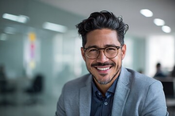 Obraz premium Smiling Hispanic businessman in a modern office setting, showcasing confidence and professionalism while engaging with colleagues