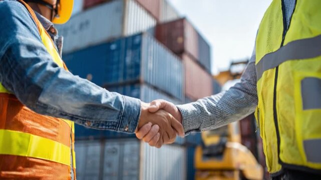 Handshake of Progress: Two professionals, clad in safety attire, seal a deal with a firm handshake amidst a backdrop of cargo containers, symbolizing collaboration and industry