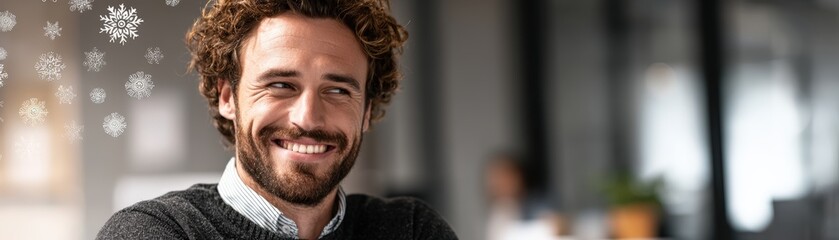 Fototapeta premium A smiling man with curly hair, a joyful expression, surrounded by a blurred indoor setting and snowflake graphics, Year-End team appreciation with blank space for text