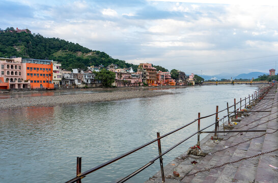 Holy Ganges River and Mansa Devi Temple Hill from a Ghat in Haridwar, India