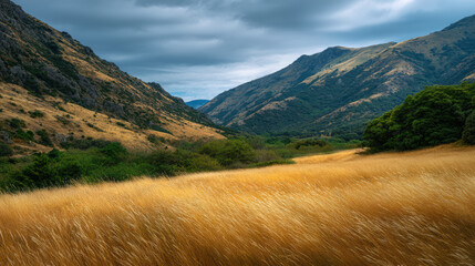Golden field of swaying grass leads the eye towards the beautiful mountain valley under a dramatic cloudy sky with lush green trees and brush in the distance.