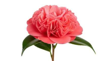Beautiful pink camellia flower isolated PNG, delicate petals and green leaves on transparent background, floral design element for spring and wedding themes