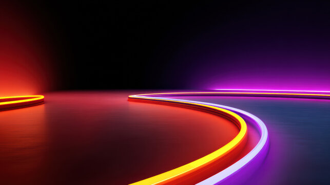 The futuristic presentation features dynamic abstract glowing neon lights in gradient colors creating a vibrant and energetic modern design on a dark reflective surface. - Powered by Adobe
