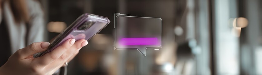 A person holding a smartphone with a chat bubble graphic, conveying digital communication in a modern environment, Year-End team appreciation with blank space for text