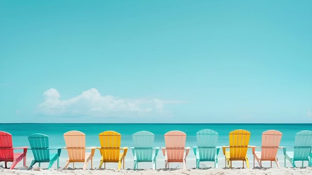 Aerial view of a beach scene with a row of colorful beach chairs against a clear blue sky and turquoise sea. The chairs are arranged in a neat row.