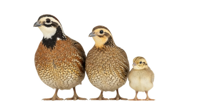 Family of bobwhite quails PNG isolated on transparent background, brown birds with chick, wildlife avian species, game bird