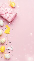 Easter decorations with eggs and gift on pink