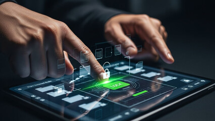 Person unlocking secure digital interface on tablet with glowing green lock