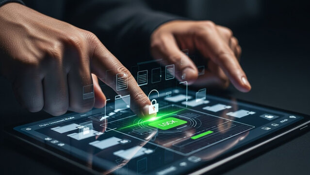 Person unlocking secure digital interface on tablet with glowing green lock