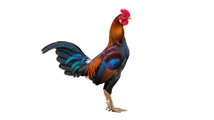 Fototapeta premium Colorful rooster PNG isolated on transparent background, vibrant gamecock with red crest and iridescent feathers for design projects