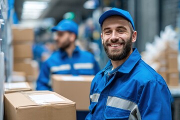 Workers in blue uniforms smile while preparing packages in a busy distribution center during the afternoon shift