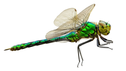 Vibrant green dragonfly isolated PNG, detailed insect with transparent wings on a transparent background for design and educational use