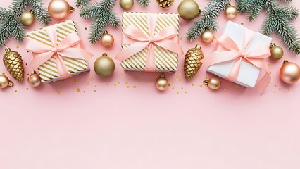christmas gifts and decorations on pink background