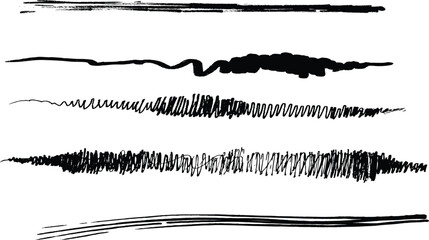 A collection of six abstract black brushstroke lines isolated on transparent background