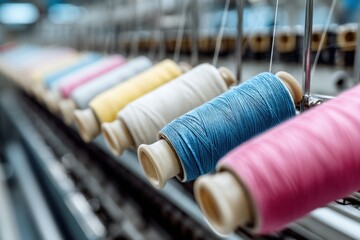 Synthetic textile threads displayed on spools in an industrial weaving facility during daytime operations