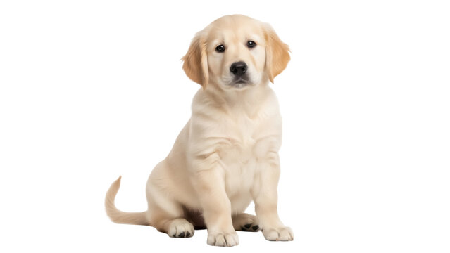 Adorable golden retriever puppy sitting isolated PNG, cute dog with light fur on transparent background for pet-related designs