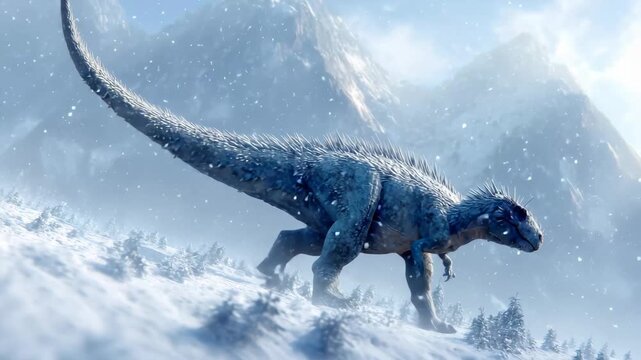Dinosaur walks through snow-covered landscape with mountains and trees in the background during winter daylight