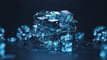 Digital Cubes Interconnected with Glowing Data Lines and Network