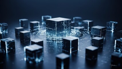 Abstract Digital Network of Glowing Cubes Representing Data Flow