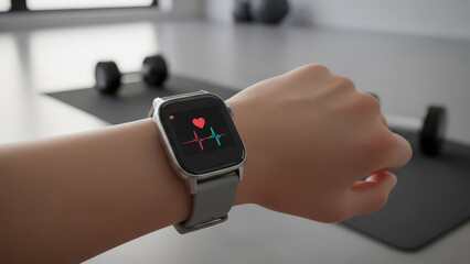 Womans Wrist Displays Smartwatch Heart Rate During Fitness Activity