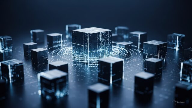 Abstract Digital Network of Glowing Cubes Representing Data Flow - Powered by Adobe