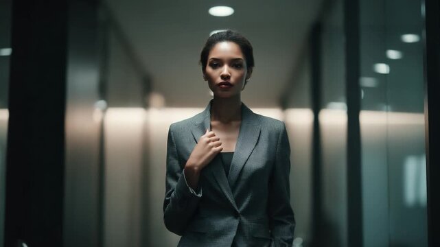 Poised and Polished: A confident businesswoman strides through a modern, sophisticated hallway. Her assured demeanor and professional attire exude authority, leadership, and unwavering focus.