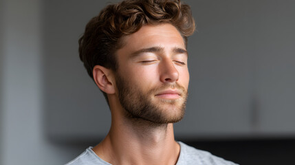 Fototapeta premium Peaceful Reflection: A man with closed eyes, radiating a sense of tranquility, serenity, and inward focus, representing calm and mindfulness.
