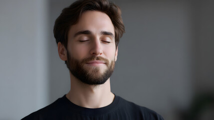 Fototapeta premium Serene Contemplation: A portrait of tranquility as a man closes his eyes in a moment of peace and self-reflection. His gentle smile and closed eyes speaks of inner peace and serenity.