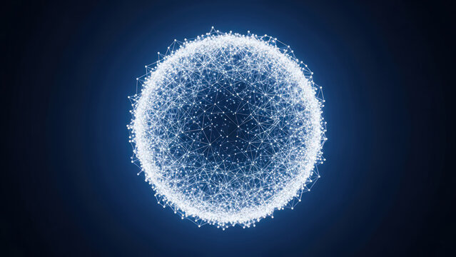 Abstract Digital Network Globe of Glowing Connections on Dark Blue Background - Powered by Adobe